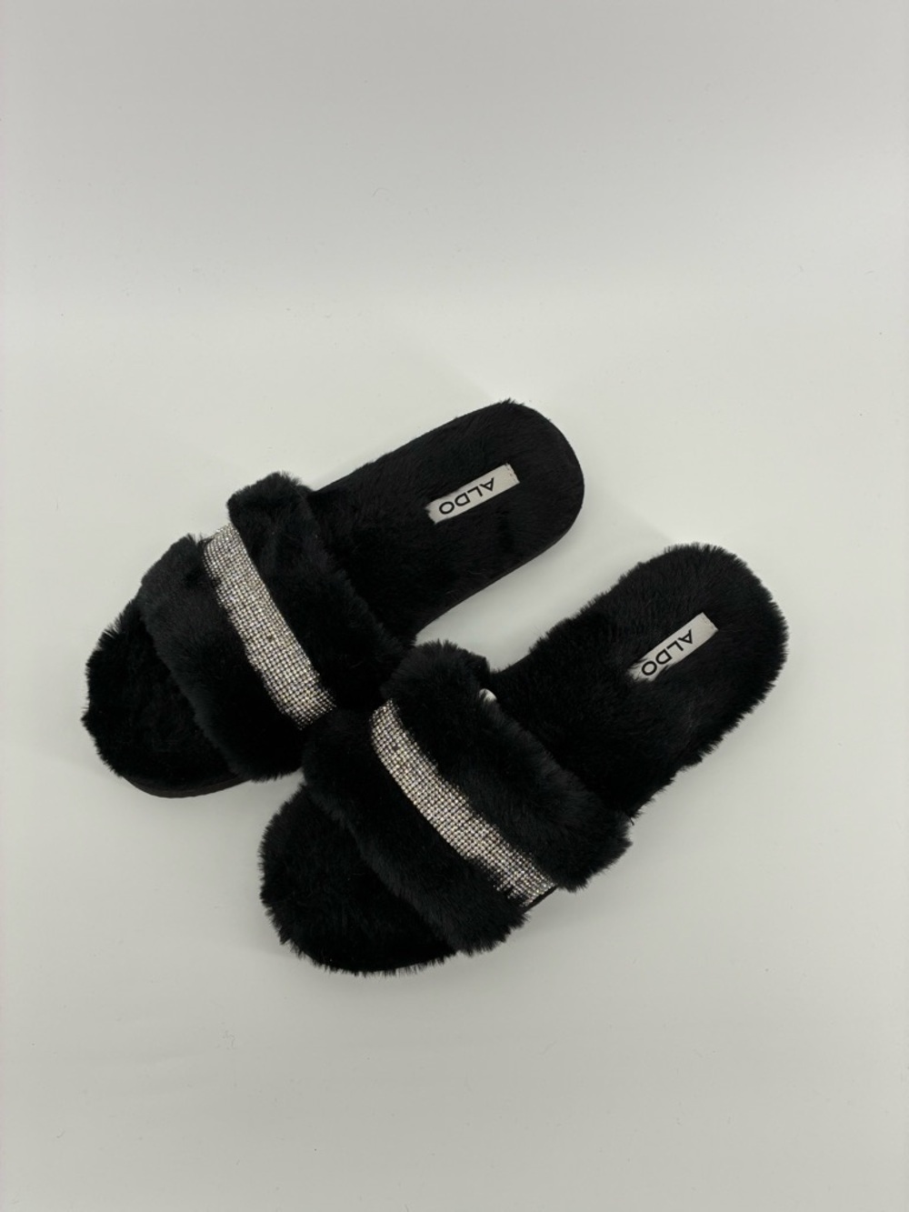 ALDO Black Faux Fur Slide Slippers with Embellished Band